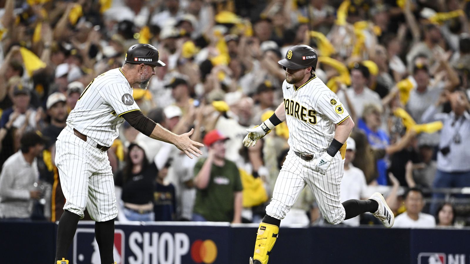 Oct 6, 2026; San Diego, California, USA; San Diego Padres second baseman Jake Cronenworth (9) celebrates after hitting a solo home run during the fifth inning against the Milwaukee Brewers in game three of the NLDS for the 2026 MLB Playoffs at Petco Park. Oct 6, 2026; San Diego, California, USA; San Diego Padres second baseman Jake Cronenworth (9) celebrates after hitting a solo home run during the fifth inning against the Milwaukee Brewers in game three of the NLDS for the 2026 MLB Playoffs at Petco Park.