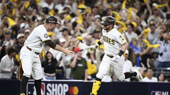 Oct 6, 2026; San Diego, California, USA; San Diego Padres second baseman Jake Cronenworth (9) celebrates after hitting a solo home run during the fifth inning against the Milwaukee Brewers in game three of the NLDS for the 2026 MLB Playoffs at Petco Park. Oct 6, 2026; San Diego, California, USA; San Diego Padres second baseman Jake Cronenworth (9) celebrates after hitting a solo home run during the fifth inning against the Milwaukee Brewers in game three of the NLDS for the 2026 MLB Playoffs at Petco Park.