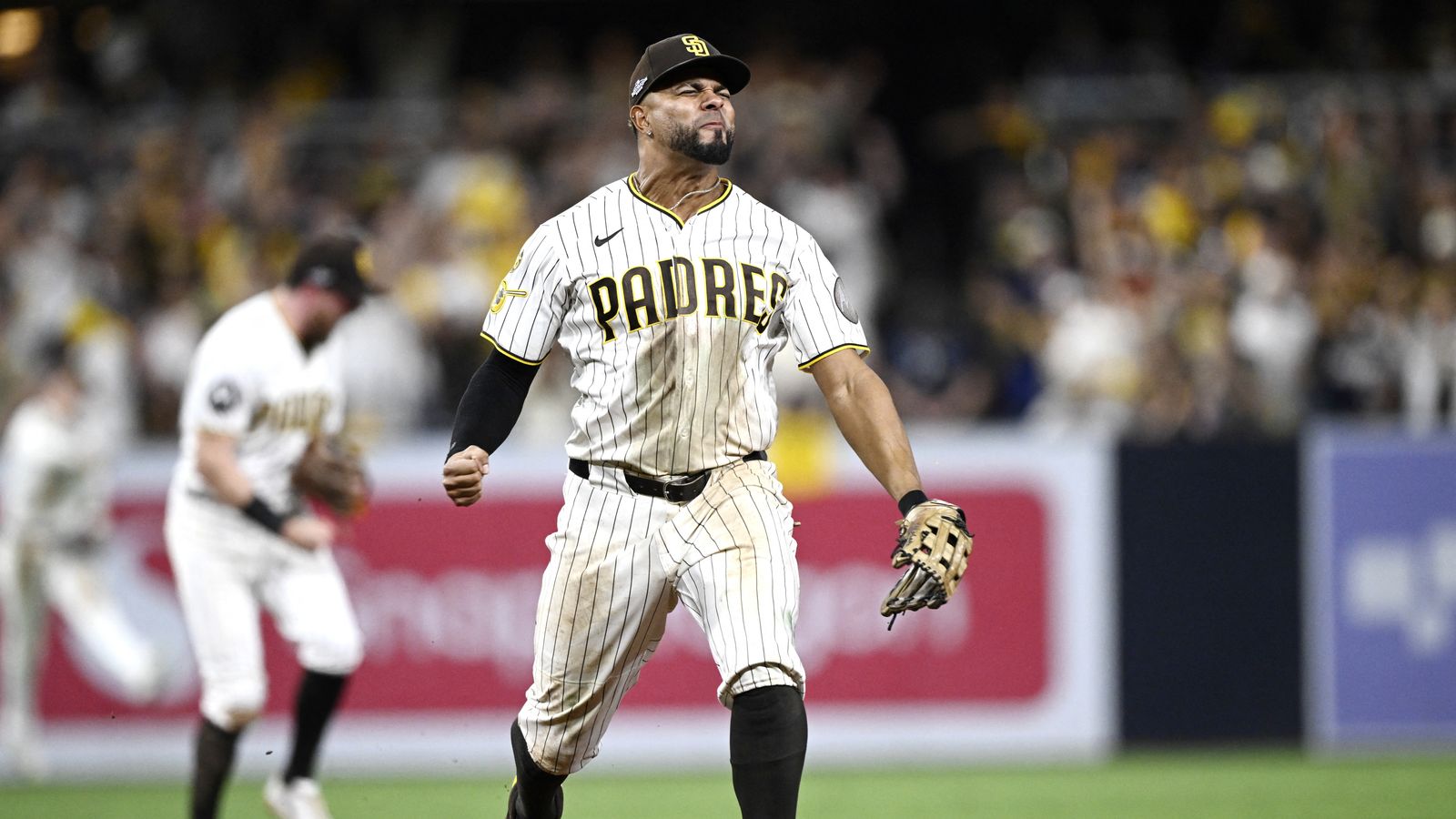 Oct 6, 2026; San Diego, California, USA; San Diego Padres shortstop Xander Bogaerts (2) celebrates a game ending double play during the ninth inning against the Milwaukee Brewers in game three of the NLDS for the 2026 MLB Playoffs at Petco Park. Oct 6, 2026; San Diego, California, USA; San Diego Padres shortstop Xander Bogaerts (2) celebrates a game ending double play during the ninth inning against the Milwaukee Brewers in game three of the NLDS for the 2026 MLB Playoffs at Petco Park.
