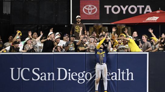 Oct 7, 2026; San Diego, California, USA; Milwaukee Brewers center fielder Garrett Mitchell (5) catches a ball hit by San Diego Padres third baseman Manny Machado (not pictured) at the wall during the eighth inning in game four of the NLDS for the 2026 MLB Playoffs at Petco Park. Oct 7, 2026; San Diego, California, USA; Milwaukee Brewers center fielder Garrett Mitchell (5) catches a ball hit by San Diego Padres third baseman Manny Machado (not pictured) at the wall during the eighth inning in game four of the NLDS for the 2026 MLB Playoffs at Petco Park.