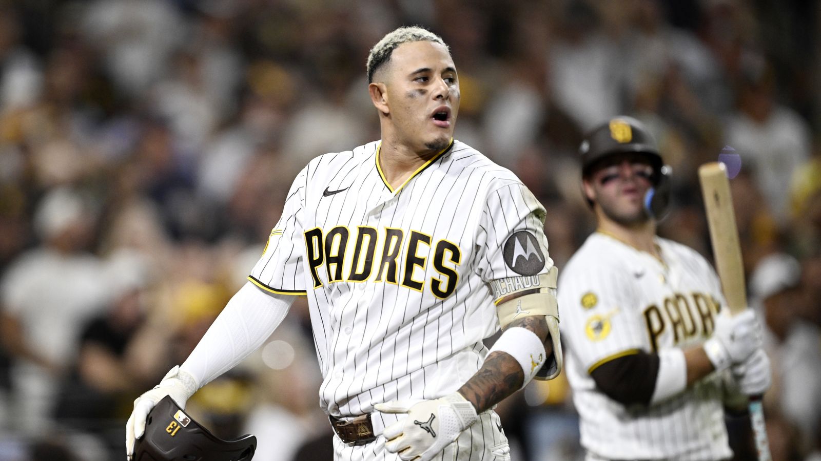 Oct 7, 2026; San Diego, California, USA; San Diego Padres third baseman Manny Machado (13) reacts after hitting a fly ball that was caught at the wall during the eighth inning against the Milwaukee Brewers in game four of the NLDS for the 2026 MLB Playoffs at Petco Park. Oct 7, 2026; San Diego, California, USA; San Diego Padres third baseman Manny Machado (13) reacts after hitting a fly ball that was caught at the wall during the eighth inning against the Milwaukee Brewers in game four of the NLDS for the 2026 MLB Playoffs at Petco Park.