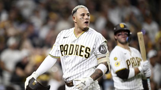 Oct 7, 2026; San Diego, California, USA; San Diego Padres third baseman Manny Machado (13) reacts after hitting a fly ball that was caught at the wall during the eighth inning against the Milwaukee Brewers in game four of the NLDS for the 2026 MLB Playoffs at Petco Park. Oct 7, 2026; San Diego, California, USA; San Diego Padres third baseman Manny Machado (13) reacts after hitting a fly ball that was caught at the wall during the eighth inning against the Milwaukee Brewers in game four of the NLDS for the 2026 MLB Playoffs at Petco Park.