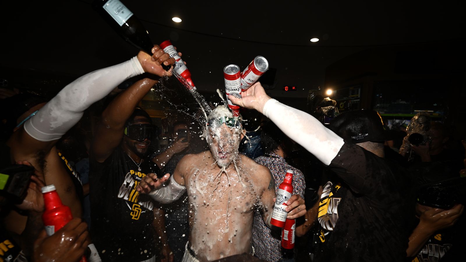 Sep 30, 2026; San Diego, California, USA; San Diego Padres third baseman Manny Machado (13) celebrate after defeating the Chicago Cubs in game two of the Wildcard round for the 2026 MLB Playoffs at Petco Park. Sep 30, 2026; San Diego, California, USA; San Diego Padres third baseman Manny Machado (13) celebrate after defeating the Chicago Cubs in game two of the Wildcard round for the 2026 MLB Playoffs at Petco Park.