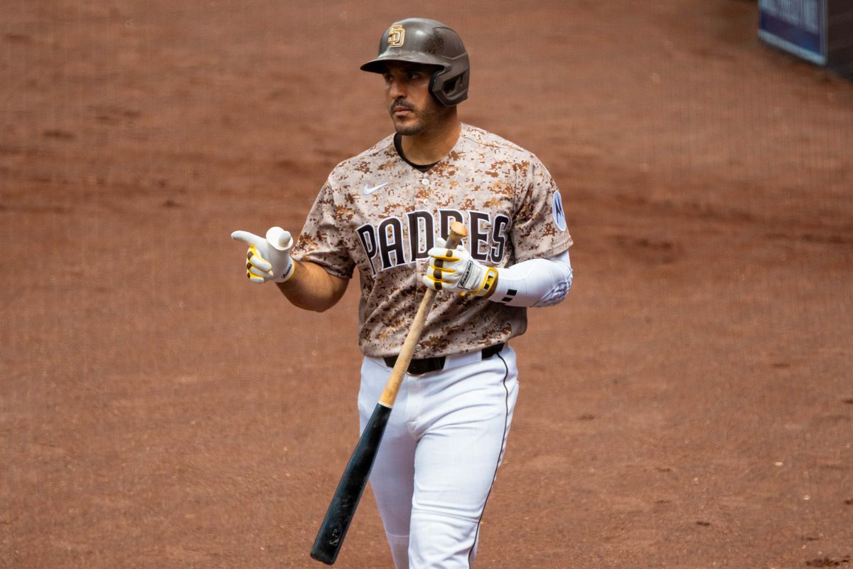 San Diego Padres outfielder Ramón Laureano (5) looks on before an at bat during an MLB game between the Colorado Rockies and the San Diego Padres, Sunday April 12, 2026 at Petco Park in San Diego, Calif.