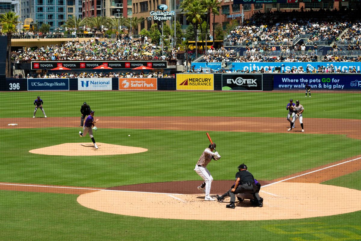 San Diego Padres outfielder Nick Castellanos (21) waits to swing during an MLB game between the Colorado Rockies and the San Diego Padres, Sunday April 12, 2026 at Petco Park in San Diego, Calif.