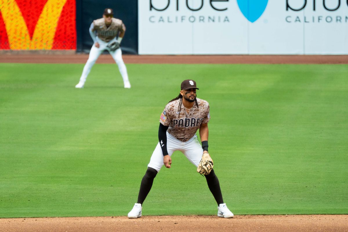 San Diego Padres outfielder Fernando Tatis Jr. (23) plays second base during an MLB game between the Colorado Rockies and the San Diego Padres, Sunday April 12, 2026 at Petco Park in San Diego, Calif.