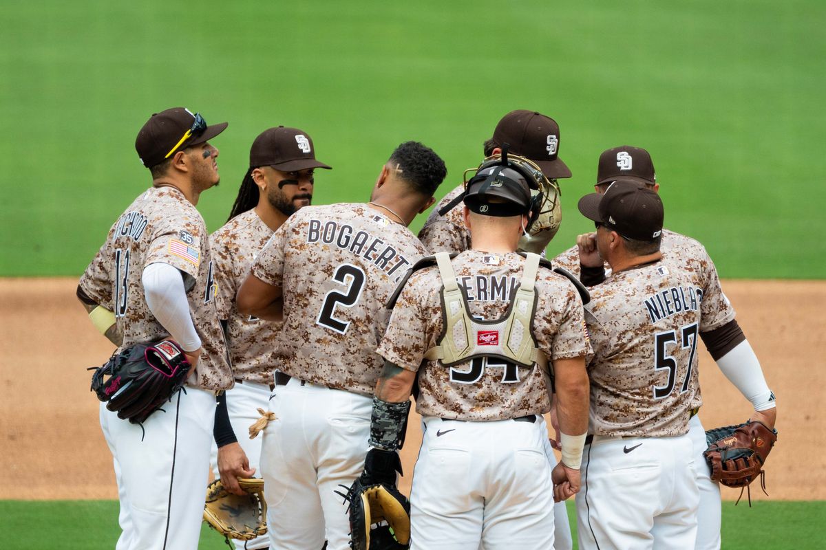 Padres infielders meet at the mound during an MLB game between the Colorado Rockies and the San Diego Padres, Sunday April 12, 2026 at Petco Park in San Diego, Calif.