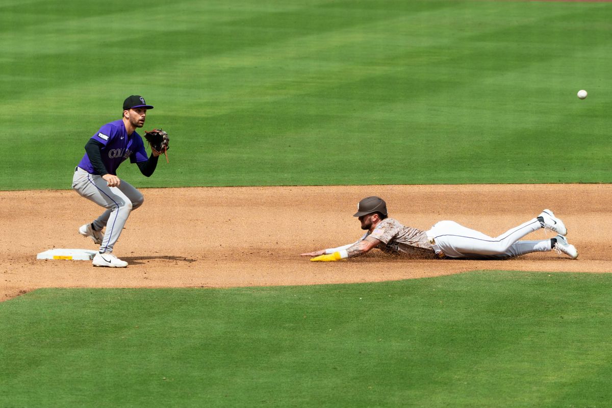 San Diego Padres outfielder Jackson Merrill (3) steals second during an MLB game between the Colorado Rockies and the San Diego Padres, Sunday April 12, 2026 at Petco Park in San Diego, Calif.