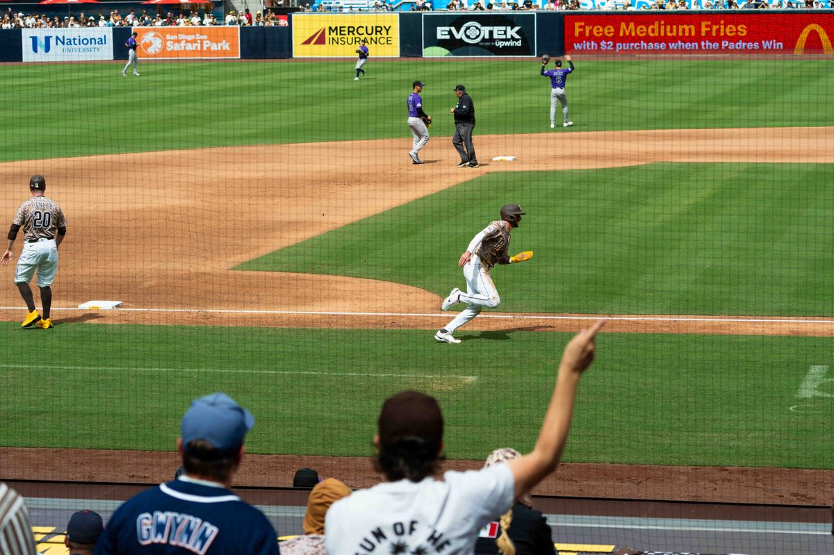 San Diego Padres outfielder Jackson Merrill (3) runs home during an MLB game between the Colorado Rockies and the San Diego Padres, Sunday April 12, 2026 at Petco Park in San Diego, Calif.