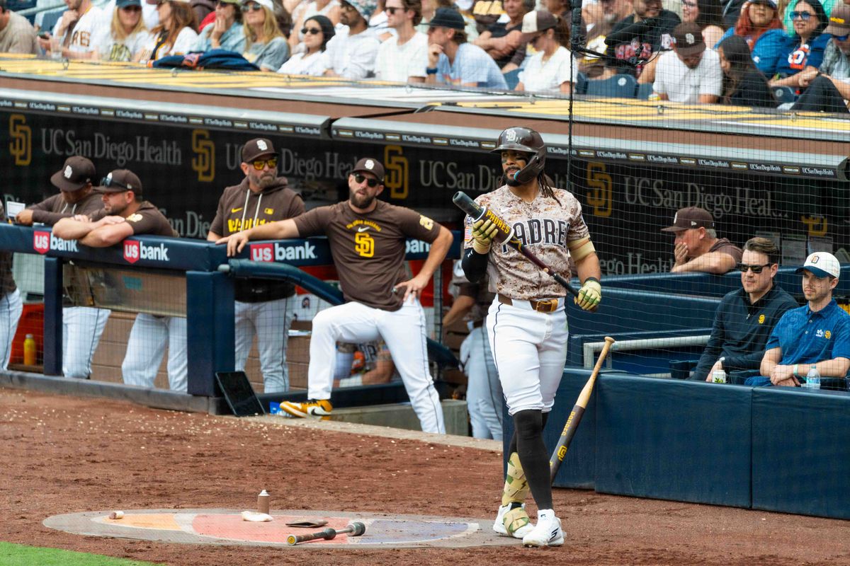 San Diego Padres outfielder Fernando Tatis Jr. (23) waits on deck during an MLB game between the Colorado Rockies and the San Diego Padres, Sunday April 12, 2026 at Petco Park in San Diego, Calif.