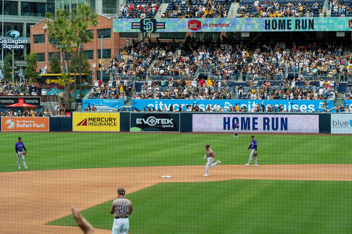 San Diego Padres outfielder Jackson Merrill (3) rounds second after hitting a home run during an MLB game between the Colorado Rockies and the San Diego Padres, Sunday April 12, 2026 at Petco Park in San Diego, Calif.