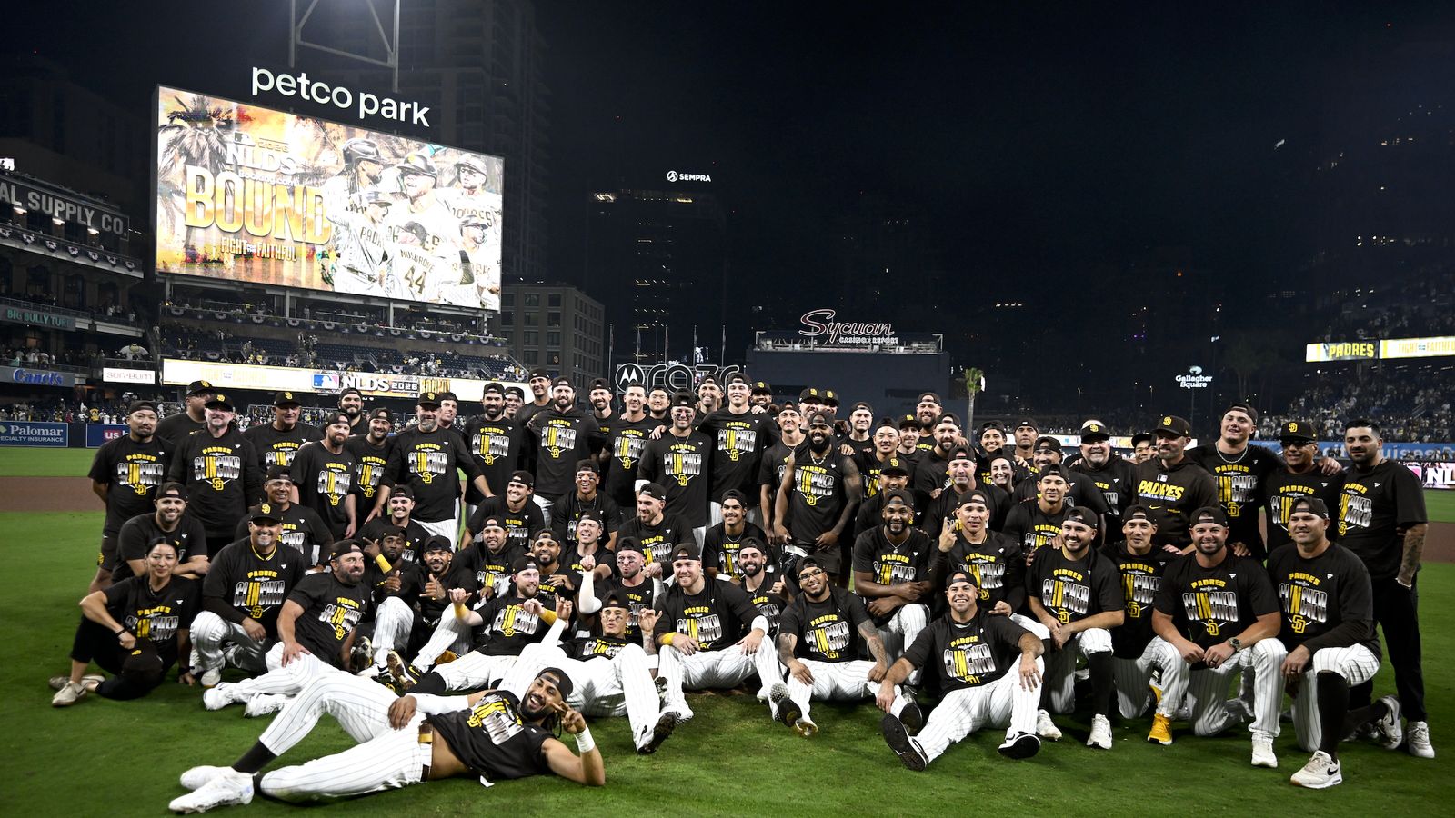 Sep 30, 2026; San Diego, California, USA; San Diego Padres pose for a photo after defeating the Chicago Cubs in game two of the Wildcard round for the 2026 MLB Playoffs at Petco Park. Sep 30, 2026; San Diego, California, USA; San Diego Padres pose for a photo after defeating the Chicago Cubs in game two of the Wildcard round for the 2026 MLB Playoffs at Petco Park.