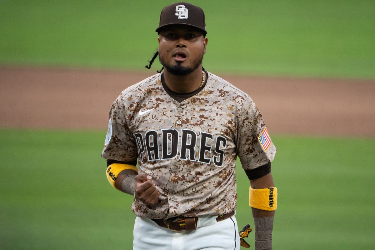 San Diego Padres Infielder, Luis Arraez (4), celebrates a big double play during an MLB Baseball game against the Atlanta Braves at Petco Park in San Diego, CA, on March 30, 2025. San Diego Padres Infielder, Luis Arraez (4), celebrates a big double play during an MLB Baseball game against the Atlanta Braves at Petco Park in San Diego, CA, on March 30, 2025.