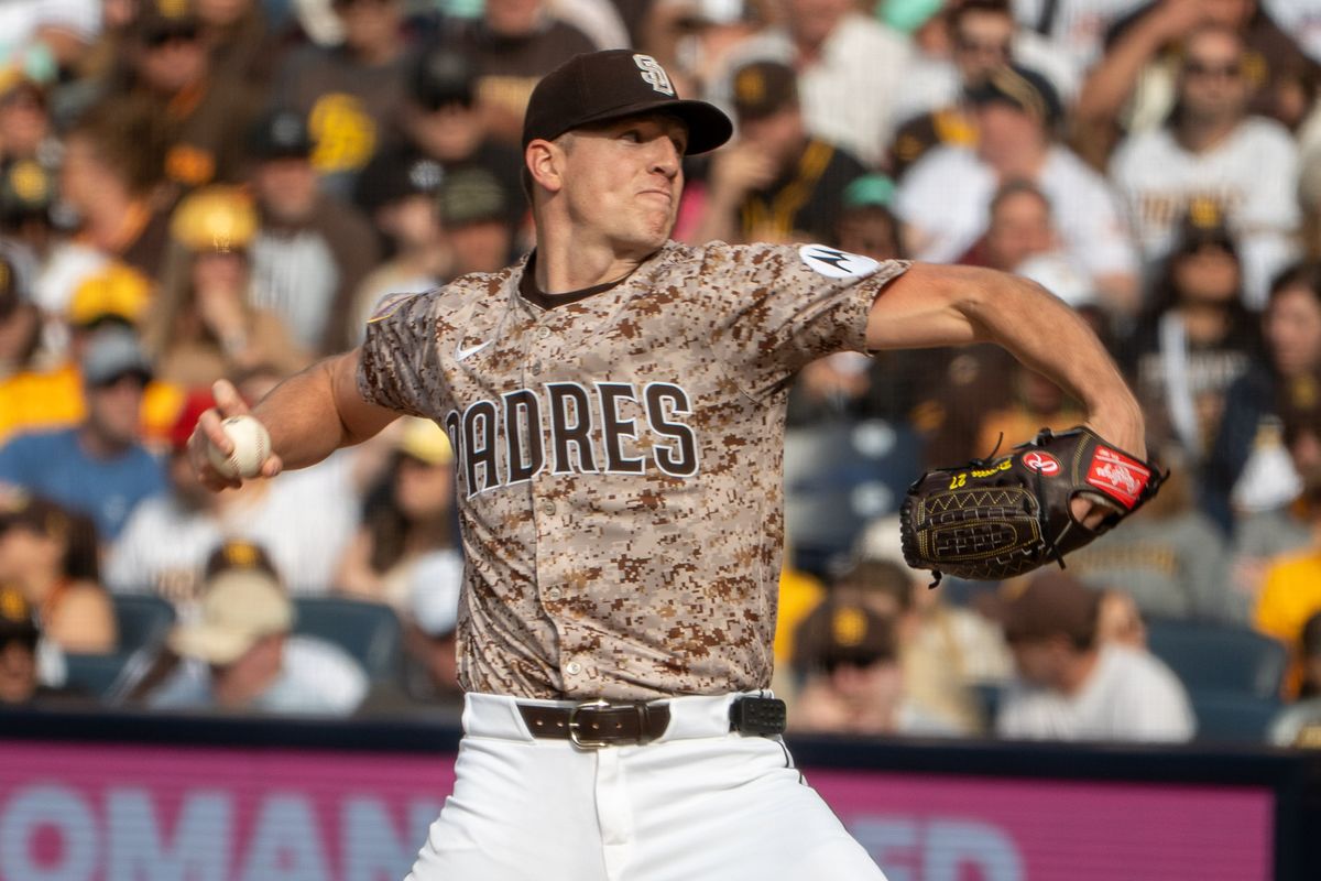 San Diego Padres Pitcher, Nick Pivetta (27), throws a pitch during an MLB Baseball game against the Atlanta Braves at Petco Park on March 30, 2025 San Diego Padres Pitcher, Nick Pivetta (27), throws a pitch during an MLB Baseball game against the Atlanta Braves at Petco Park on March 30, 2025