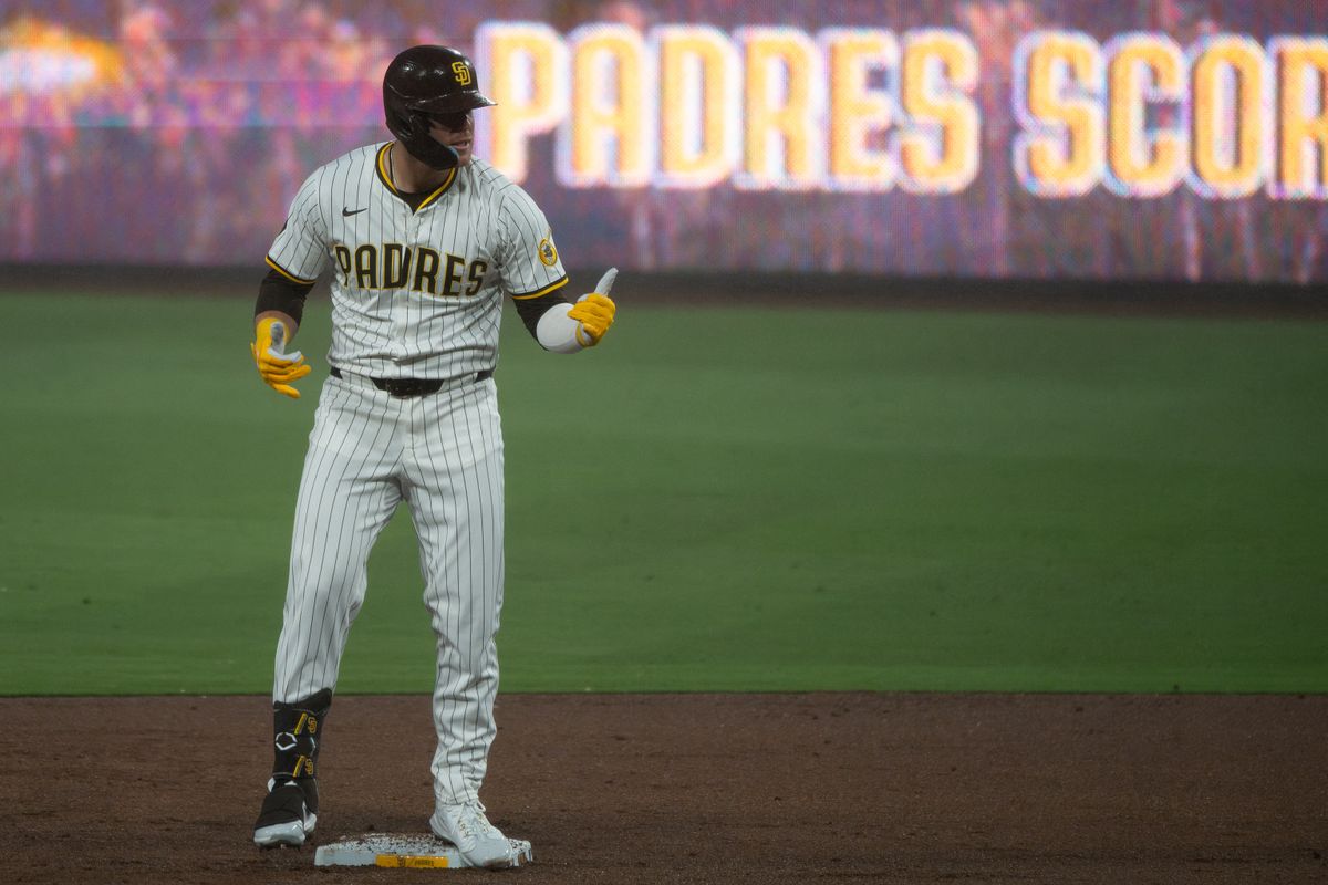 ClevelanSan Diego Padres First Baseman, Gavin Sheets (30), celebrates after hitting a double during an MLB Baseball game against the San Diego Padres at Petco Park in San Diego, CA, on March 31, 2025. ClevelanSan Diego Padres First Baseman, Gavin Sheets (30), celebrates after hitting a double during an MLB Baseball game against the San Diego Padres at Petco Park in San Diego, CA, on March 31, 2025.