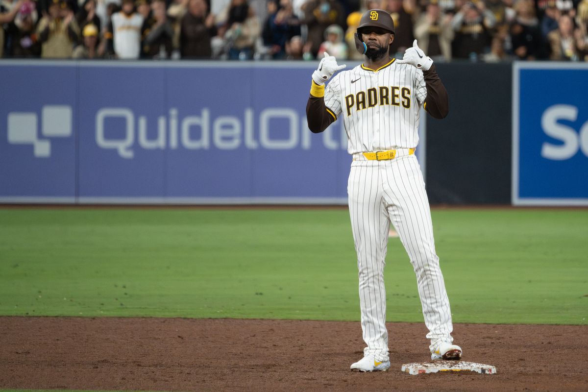 San Diego Padres Outfielder, Jason Heyward (22), looks into the dugout after hitting a big double during an MLB Baseball game against the Cleveland Guardians at Petco Park in San Diego, CA, on March 31, 2025. San Diego Padres Outfielder, Jason Heyward (22), looks into the dugout after hitting a big double during an MLB Baseball game against the Cleveland Guardians at Petco Park in San Diego, CA, on March 31, 2025.