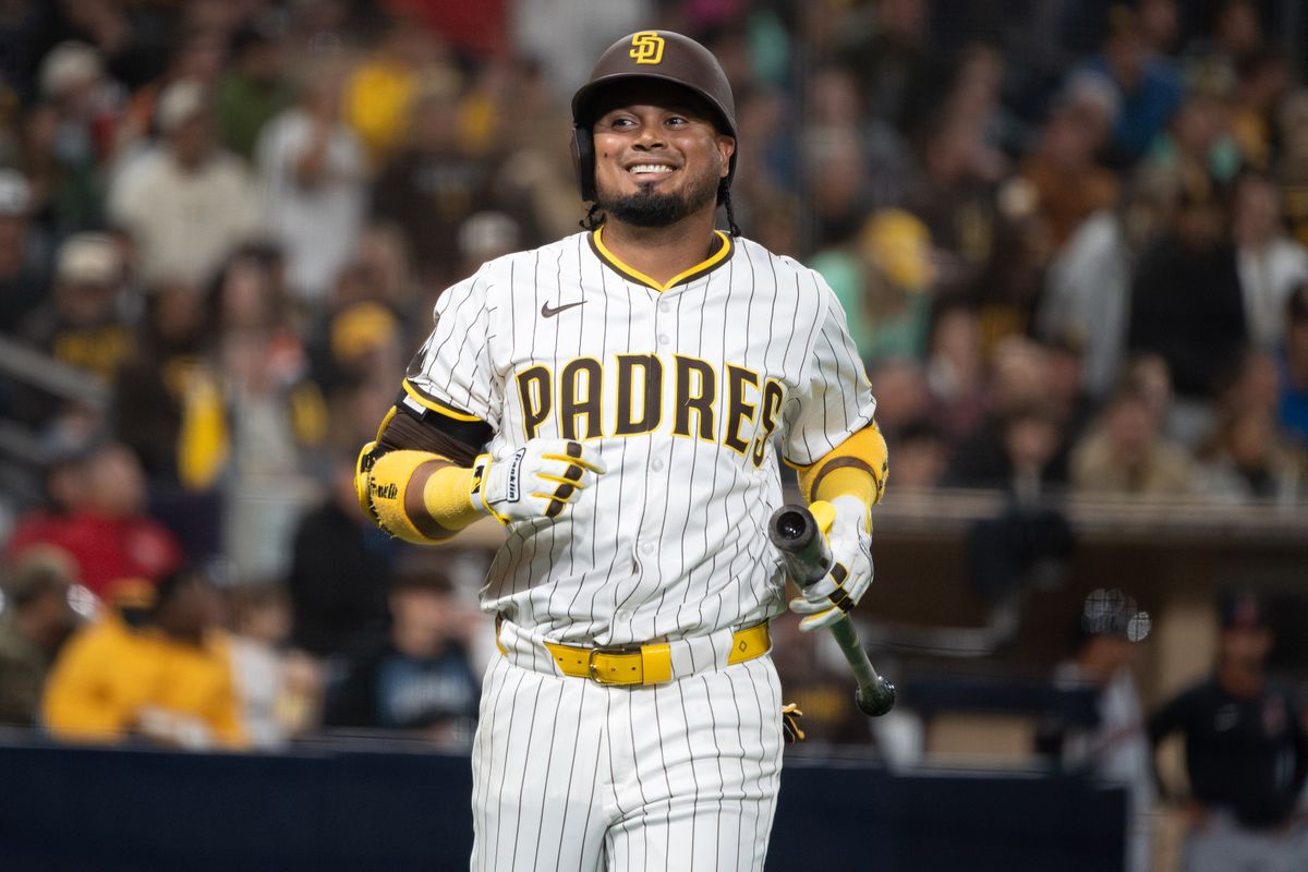 San Diego Padres Infielder, Luis Arraez (3), smiles after a near base hit during an MLB Baseball game against the Cleveland Guardians at Petco Park in San Diego, CA, on March 31, 2025. San Diego Padres Infielder, Luis Arraez (3), smiles after a near base hit during an MLB Baseball game against the Cleveland Guardians at Petco Park in San Diego, CA, on March 31, 2025.