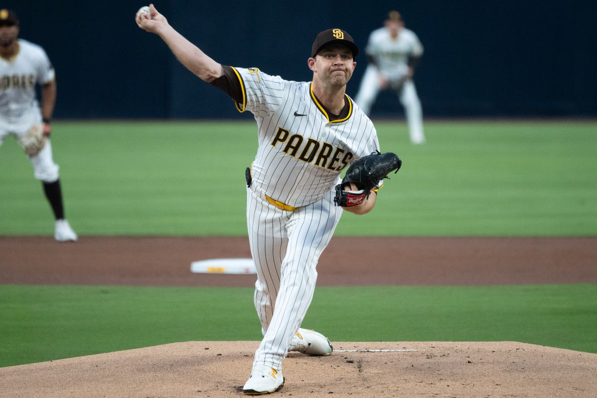 San Diego Padres Right-Handed Pitcher, Michael King (34), throws a pitch against the Cleveland Guardians during an MLB Baseball game at Petco Park in San Diego, CA, on April 1, 2025. San Diego Padres Right-Handed Pitcher, Michael King (34), throws a pitch against the Cleveland Guardians during an MLB Baseball game at Petco Park in San Diego, CA, on April 1, 2025.