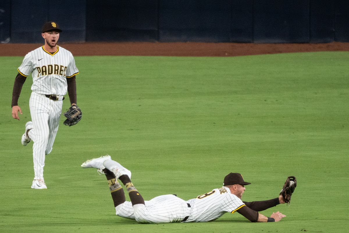 San Diego Padres Outfielder, Brandon Lockridge (28), makes a diving catch against the Cleveland Guardians during an MLB Baseball game at Petco Park in San Diego, CA, on April 1, 2025. San Diego Padres Outfielder, Brandon Lockridge (28), makes a diving catch against the Cleveland Guardians during an MLB Baseball game at Petco Park in San Diego, CA, on April 1, 2025.