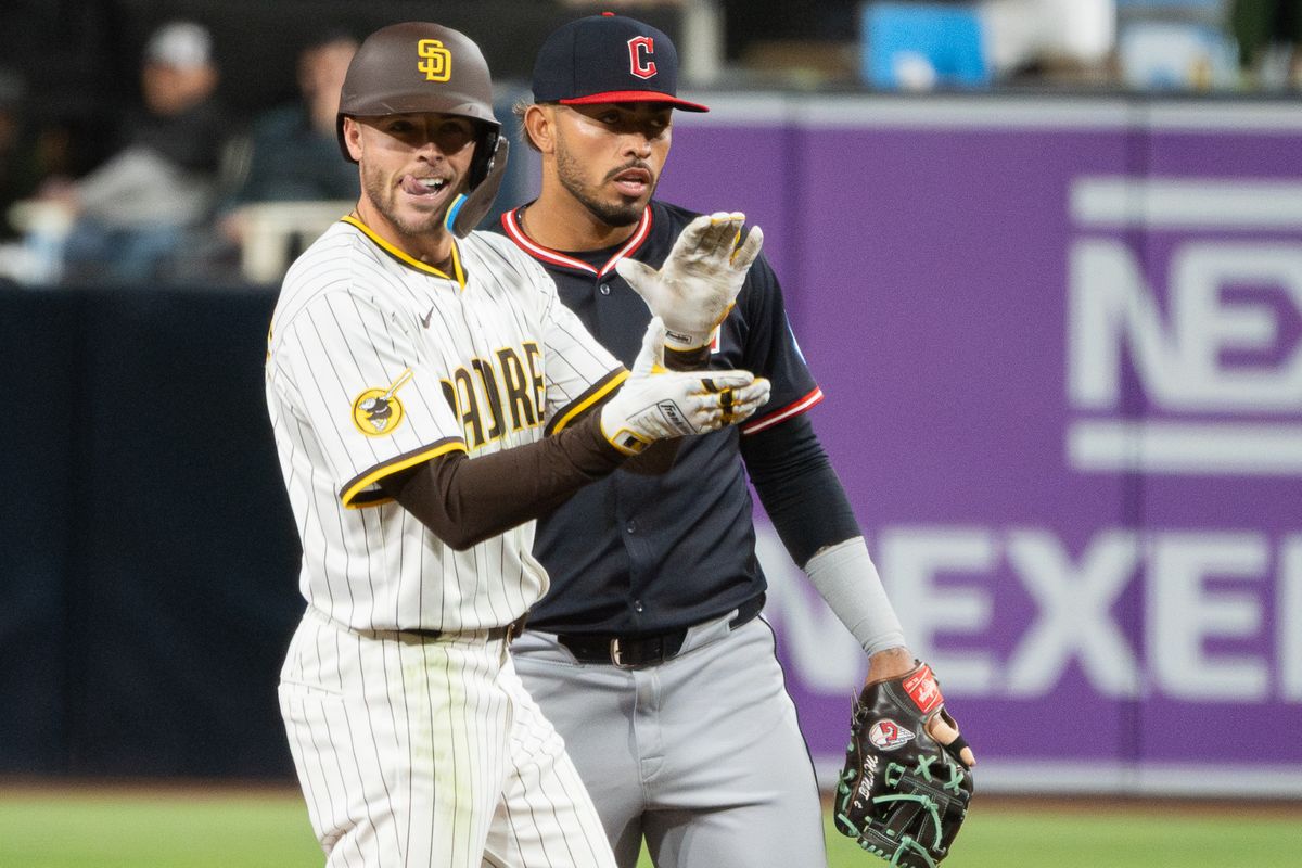 San Diego Padres Outfielder, Brandon Lockridge (28), celebrates after a big RBI double against the Cleveland Guardians during an MLB Baseball game at Petco Park in San Diego, CA, on April 1, 2025. San Diego Padres Outfielder, Brandon Lockridge (28), celebrates after a big RBI double against the Cleveland Guardians during an MLB Baseball game at Petco Park in San Diego, CA, on April 1, 2025.