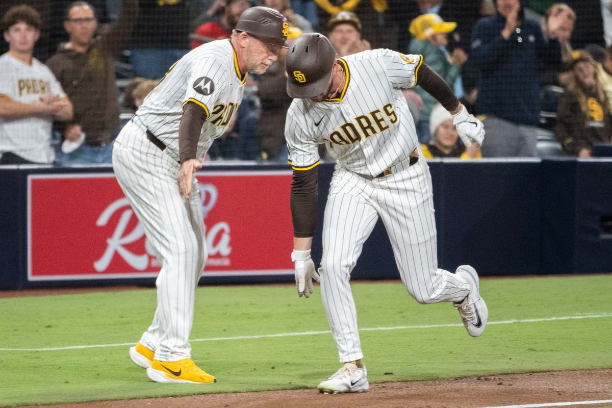 San Diego Padres Shortstop, Jackson Merrill (3), rounds third base after hitting a solo home run against the Cleveland Guardians during an MLB Baseball game at Petco Park in San Diego, CA, on April 1, 2025. San Diego Padres Shortstop, Jackson Merrill (3), rounds third base after hitting a solo home run against the Cleveland Guardians during an MLB Baseball game at Petco Park in San Diego, CA, on April 1, 2025.