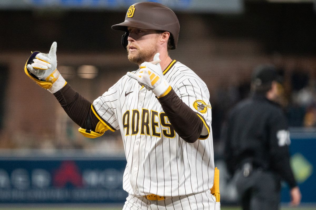San Diego Padres Infielder, Jake Cronenworth (9), celebrates after a big hit against the Cleveland Guardians during an MLB Baseball game at Petco Park in San Diego, CA, on April 1, 2025. San Diego Padres Infielder, Jake Cronenworth (9), celebrates after a big hit against the Cleveland Guardians during an MLB Baseball game at Petco Park in San Diego, CA, on April 1, 2025.