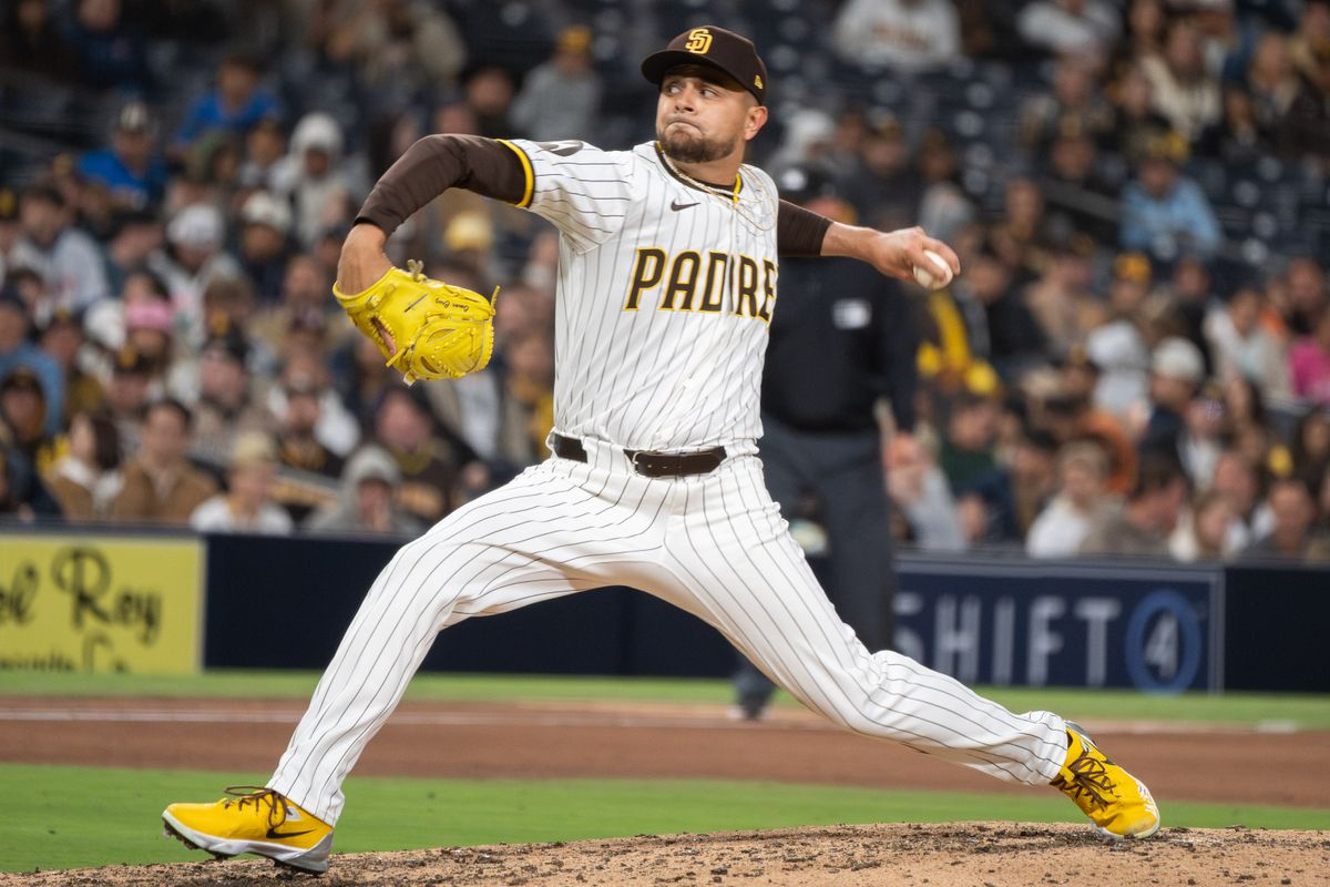 San Diego Padres Left-Handed Pitcher, Omar Cruz (68), delivers the pitch in his MLB debut during the ninth inning against the Cleveland Guardians at Petco Park in San Diego, CA, on April 1, 2025. San Diego Padres Left-Handed Pitcher, Omar Cruz (68), delivers the pitch in his MLB debut during the ninth inning against the Cleveland Guardians at Petco Park in San Diego, CA, on April 1, 2025.