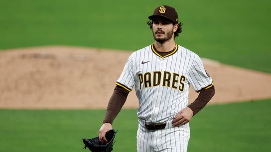 Dylan Cease #84 of the San Diego Padres walks off the field against the Los Angeles Angels at Petco Park on May 12, 2025 in San Diego, California.