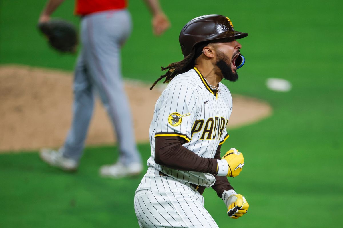 Fernando Tatis Jr. #23 of the San Diego Padres celebrates a walk off home run against the Los Angeles Angels at Petco Park on May 12, 2025 in San Diego, California.
