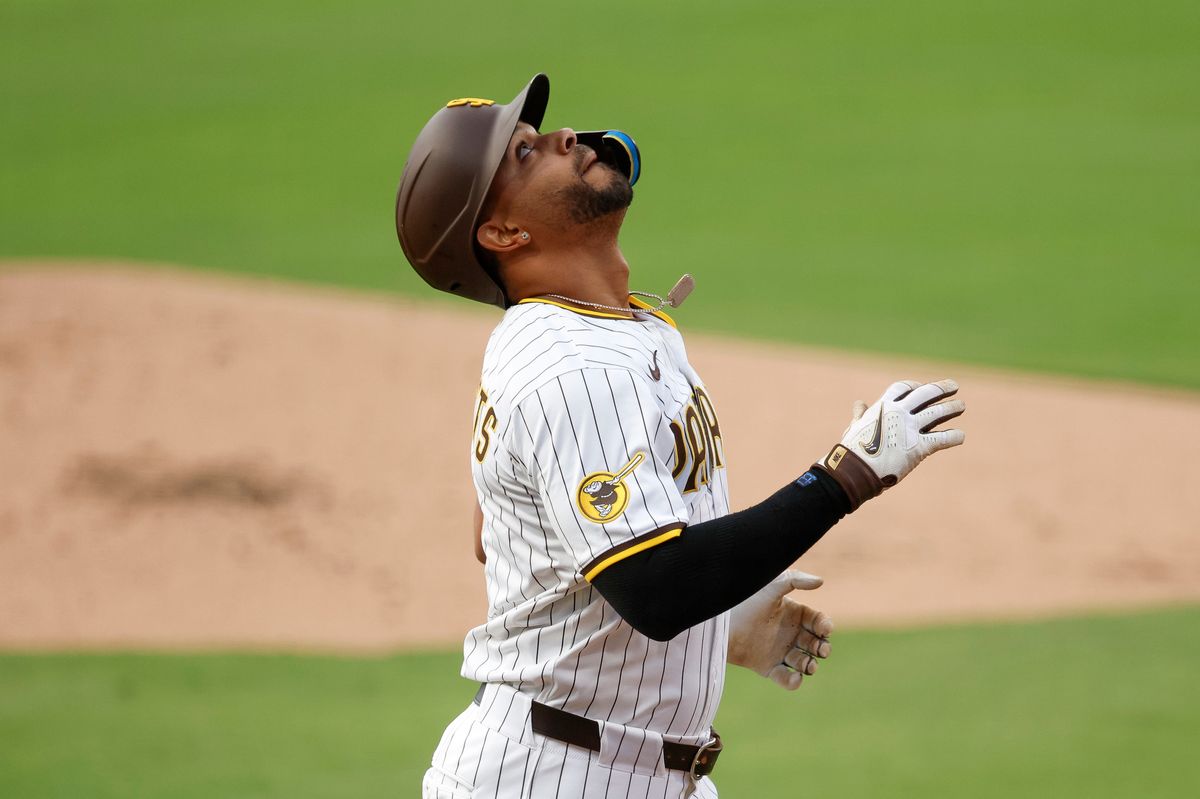 Xander Bogaerts #2 of the San Diego Padres celebrates a three-run home run against the Los Angeles Angels at Petco Park at Petco Park on May 14, 2025 in San Diego, California.