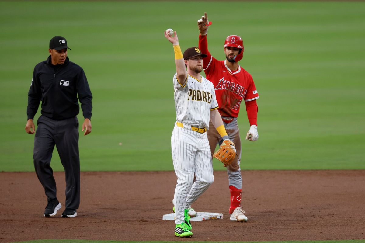 Matthew Lugo #15 of the Los Angeles Angels celebrates a double against the San Diego Padres at Petco Park at Petco Park on May 14, 2025 in San Diego, California.