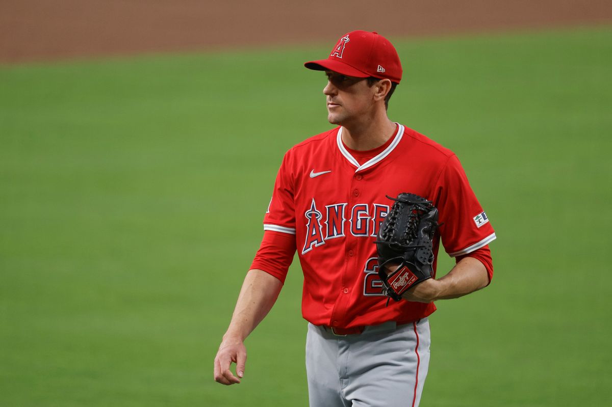 Kyle Hendricks #28 of the Los Angeles Angels heads to the dugout against the San Diego Padres at Petco Park at Petco Park on May 14, 2025 in San Diego, California.