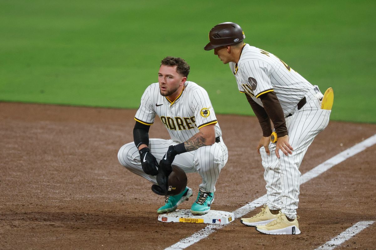 Jackson Merrill #3 of the San Diego Padres on first base during a play review against the Los Angeles Angels at Petco Park at Petco Park on May 14, 2025 in San Diego, California.