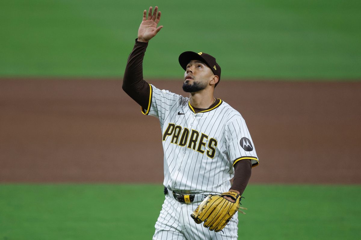 Robert Suarez #75 of the San Diego Padres celebrates a team victory over the Los Angeles Angels at Petco Park at Petco Park on May 14, 2025 in San Diego, California.