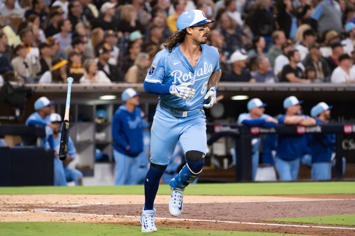 Kansas City Royals second baseman Jonathan India (6) flips his bat after hitting a home run during an MLB game against the San Diego Padres on June 20, 2025 at Petco Park in San Diego, CA.