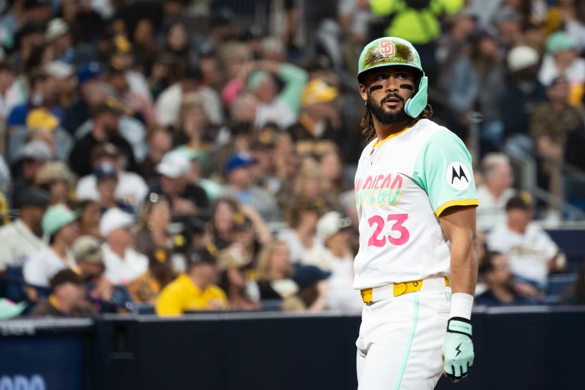 San Diego Padres outfielder Fernando Tatis Jr. (23) looks on during an MLB game against the Kansas City Royals on June 20, 2025 at Petco Park in San Diego, CA.