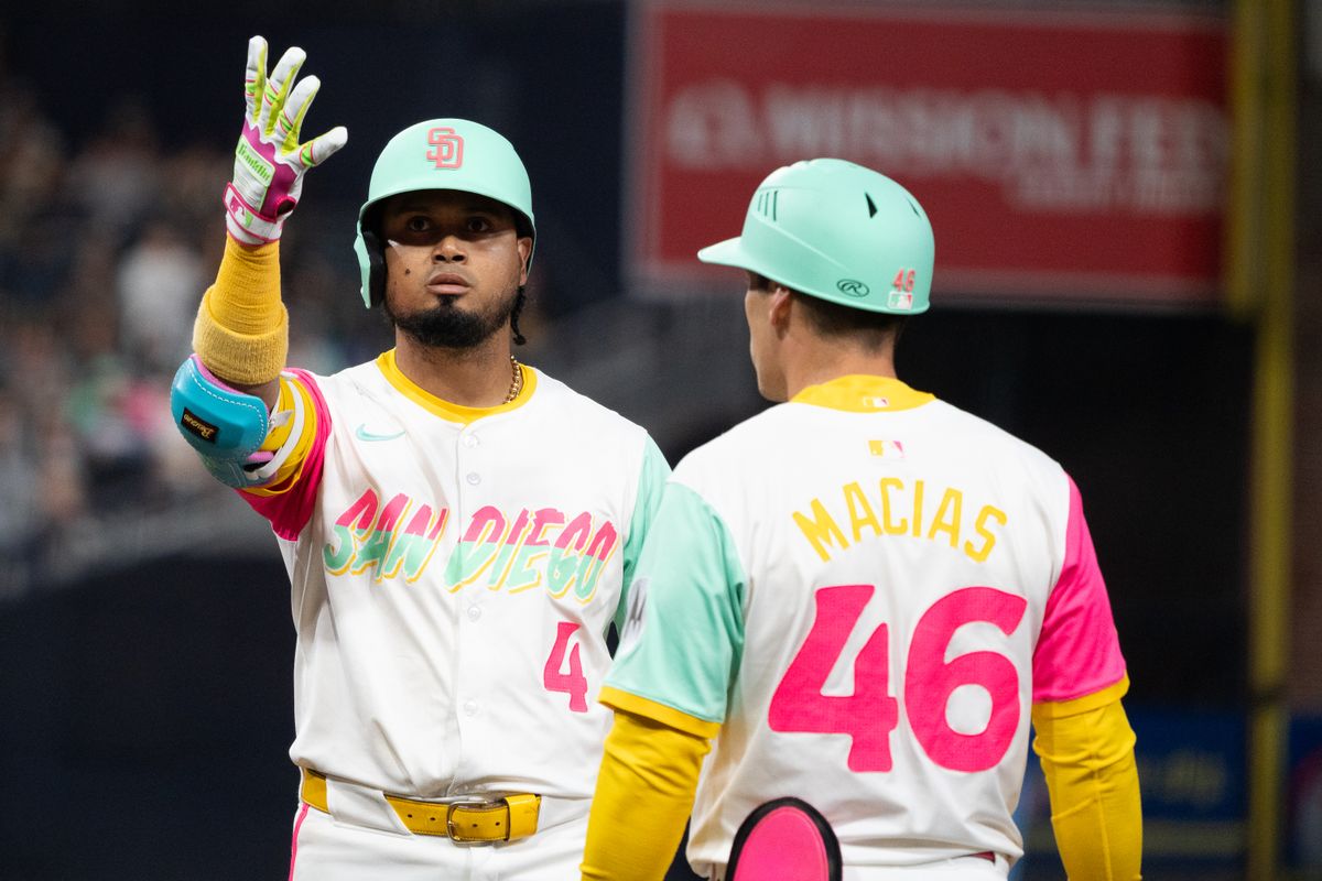 San Diego Padres infielder Luis Arraez (3) celebrates after hitting a single during an MLB game against the Kansas City Royals on June 20, 2025 at Petco Park in San Diego, CA.