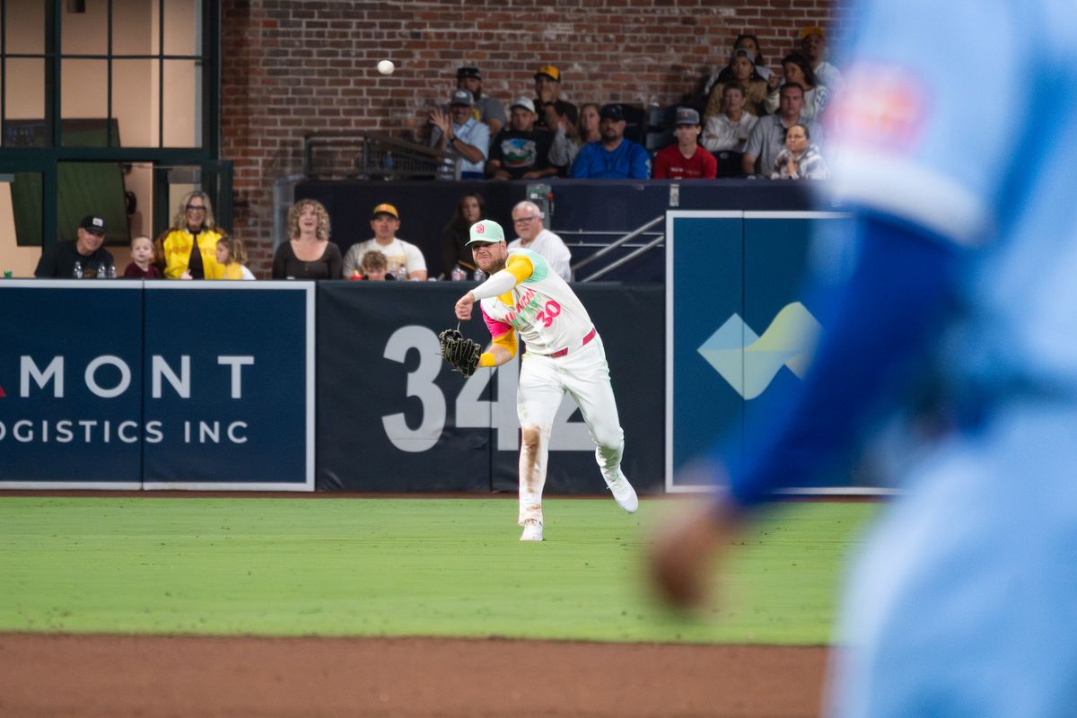 Kansas City Royals outfielder Gavin Sheets (8) throws the ball home during an MLB game against the San Diego Padres on June 20, 2025 at Petco Park in San Diego, CA.