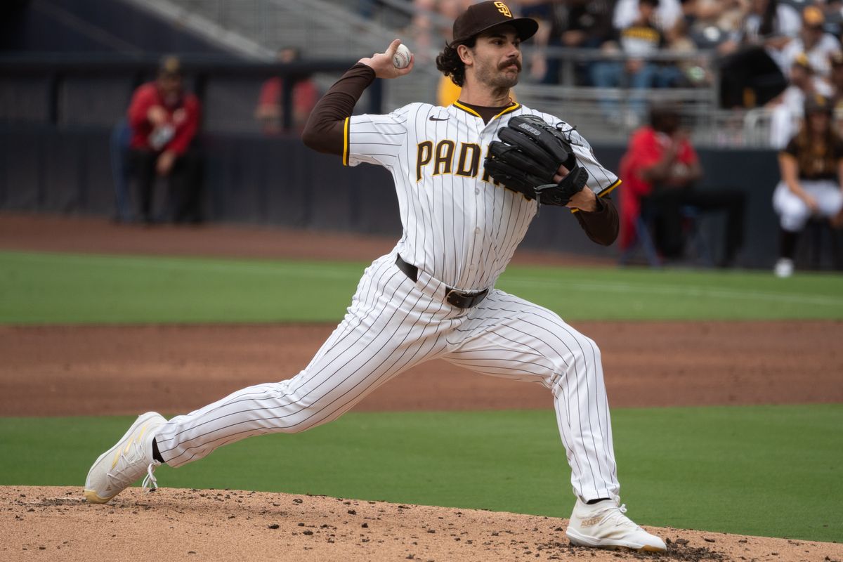 San Diego Padres pitcher Dylan Cease (84) throws a pitch during an MLB game against the Kansas City Royals on June 21, 2025 at Petco Park in San Diego, CA.