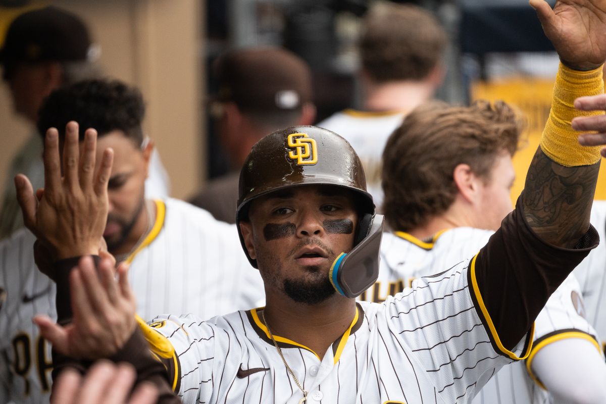San Diego Padres catcher Martín Maldonado (15) celebrates after scoring a run during an MLB game against the Kansas City Royals on June 21, 2025 at Petco Park in San Diego, CA.