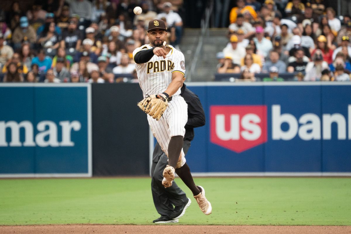 San Diego Padres shortstop Xander Bogaerts (2) throws the ball during an MLB game against the Kansas City Royals on June 21, 2025 at Petco Park in San Diego, CA.