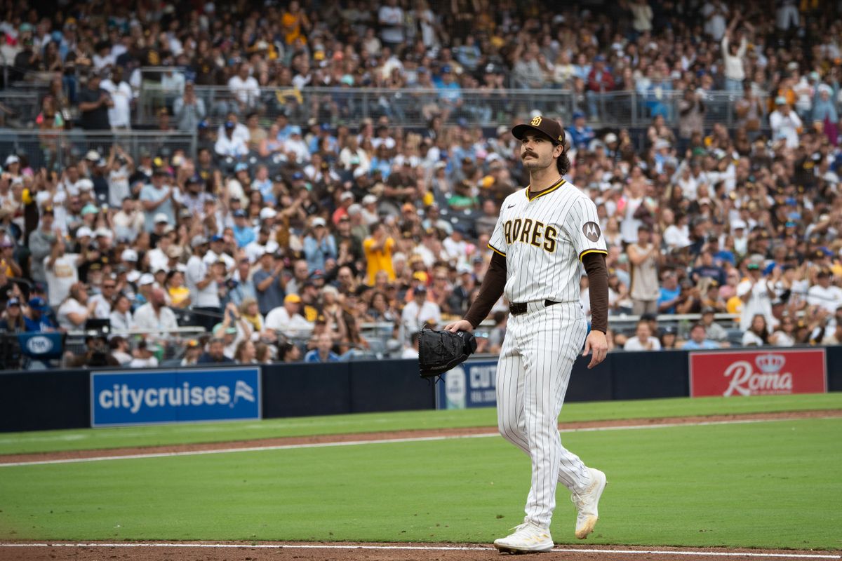 San Diego Padres pitcher Dylan Cease (84) exits the field to a standing ovation during an MLB game against the Kansas City Royals on June 21, 2025 at Petco Park in San Diego, CA.