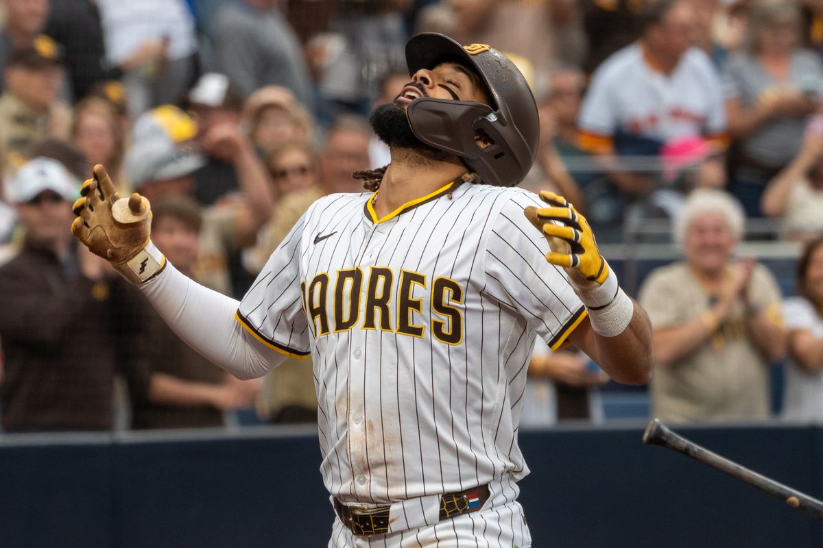 San Diego Padres outfielder Fernando Tatis Jr. (23) celebrates after hitting a home run during an MLB game against the Kansas City Royals on June 21, 2025 at Petco Park in San Diego, CA.