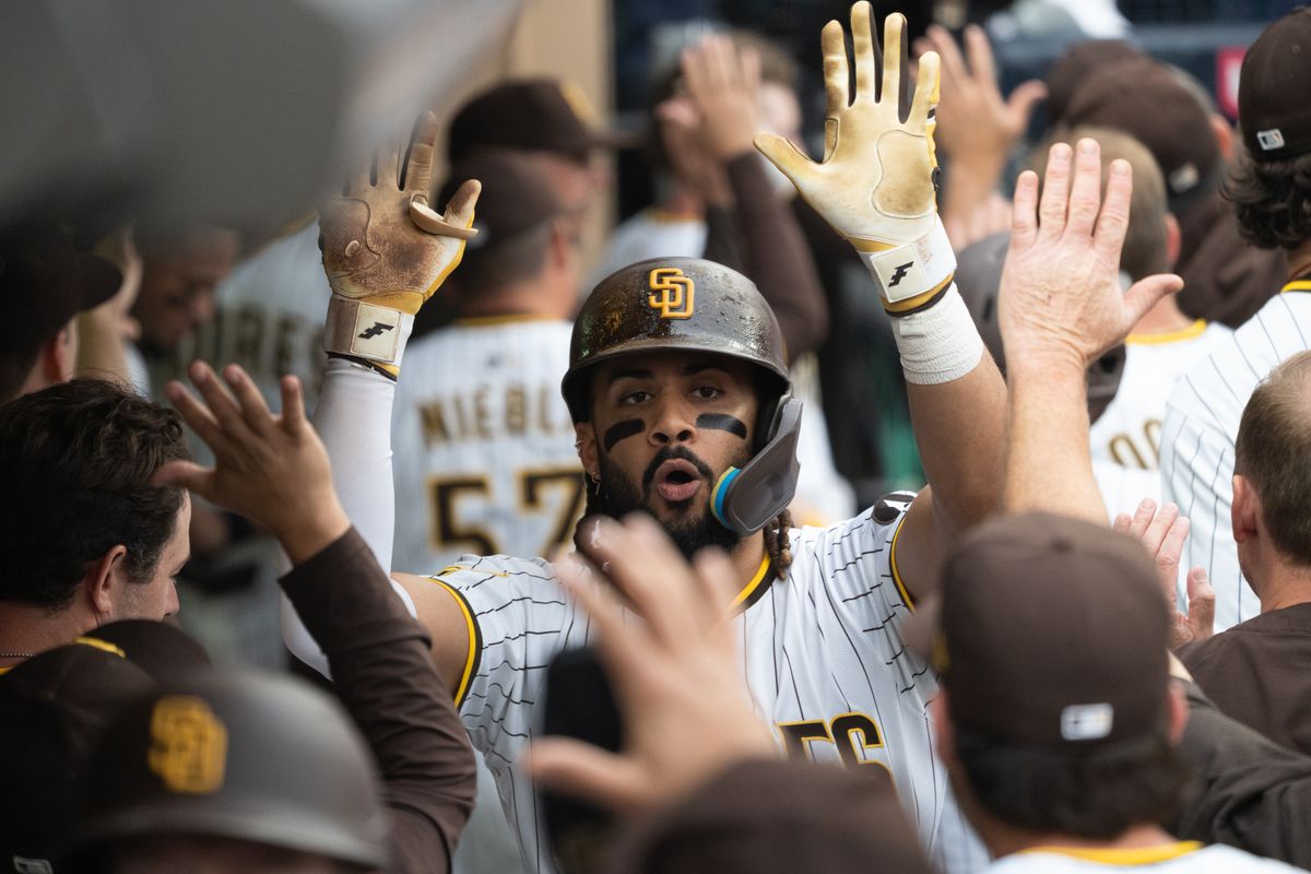 San Diego Padres outfielder Fernando Tatis Jr. (23) celebrates after hitting a home run during an MLB game against the Kansas City Royals on June 21, 2025 at Petco Park in San Diego, CA.