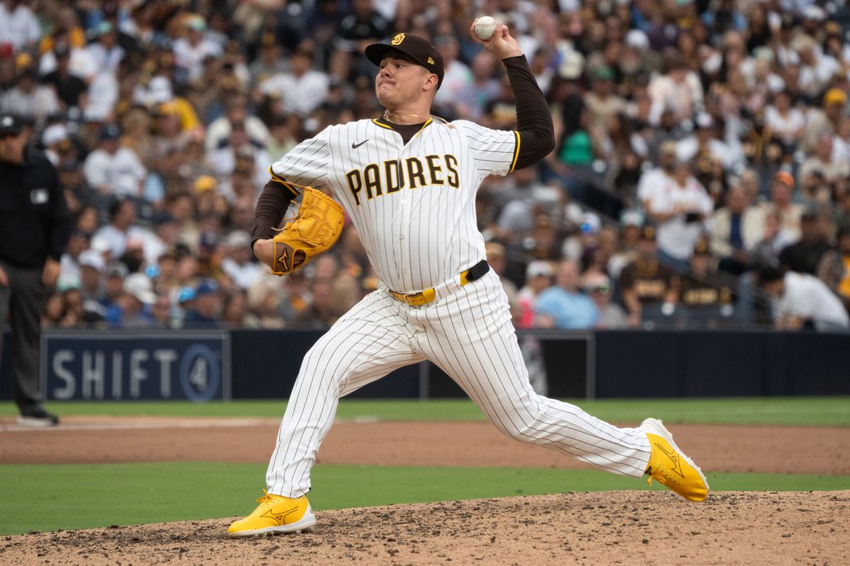 San Diego Padres pitcher Adrián Morejón (50) throws the ball during an MLB game against the Kansas City Royals on June 21, 2025 at Petco Park in San Diego, CA.