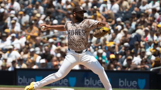 San Diego Padres pitcher Randy Vásquez (98) throws a pitch during an MLB game against the Kansas City Royals on June 22, 2025 at Petco Park in San Diego, CA. San Diego Padres pitcher Randy Vásquez (98) throws a pitch during an MLB game against the Kansas City Royals on June 22, 2025 at Petco Park in San Diego, CA.