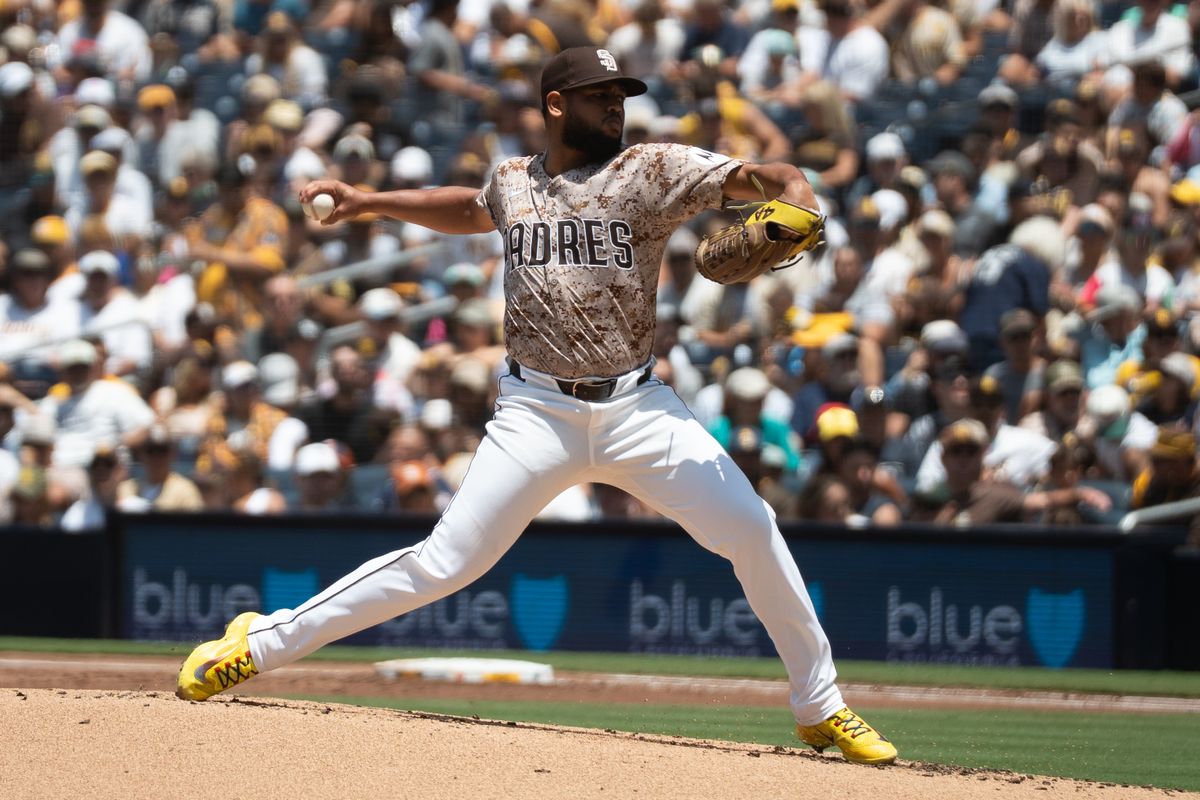 San Diego Padres pitcher Randy Vásquez (98) throws a pitch during an MLB game against the Kansas City Royals on June 22, 2025 at Petco Park in San Diego, CA. San Diego Padres pitcher Randy Vásquez (98) throws a pitch during an MLB game against the Kansas City Royals on June 22, 2025 at Petco Park in San Diego, CA.