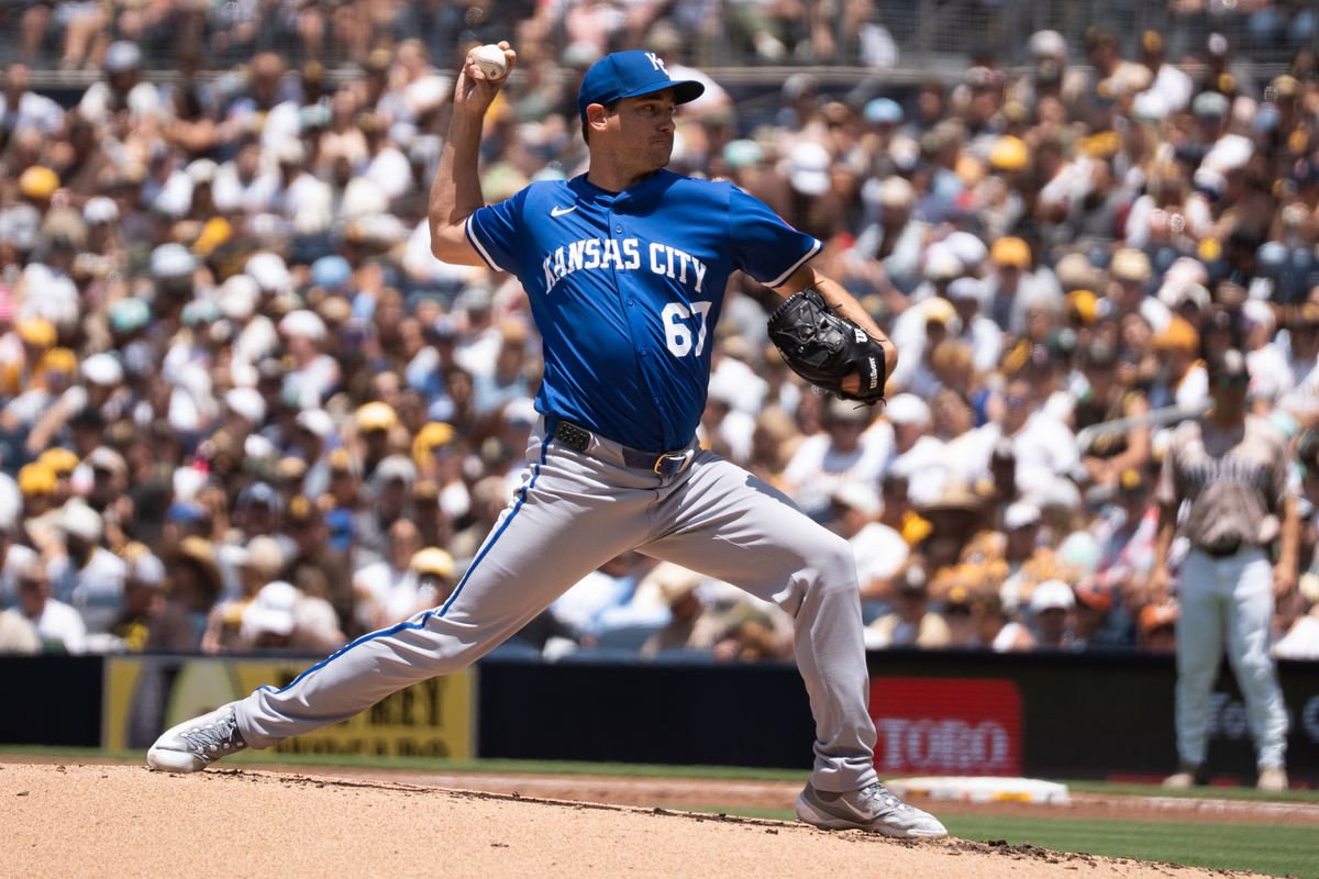Kansas City Royals pitcher Seth Lugo (67) throws a pitch during an MLB game against the San Diego Padres on June 22, 2025 at Petco Park in San Diego, CA. Kansas City Royals pitcher Seth Lugo (67) throws a pitch during an MLB game against the San Diego Padres on June 22, 2025 at Petco Park in San Diego, CA.