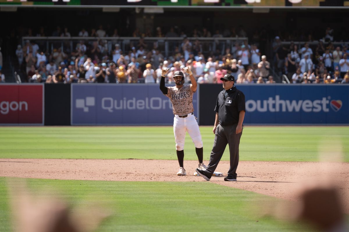 San Diego Padres shortstop Xander Bogaerts (2) celebrates after a hit during an MLB game against the Kansas City Royals on June 22, 2025 at Petco Park in San Diego, CA. San Diego Padres shortstop Xander Bogaerts (2) celebrates after a hit during an MLB game against the Kansas City Royals on June 22, 2025 at Petco Park in San Diego, CA.