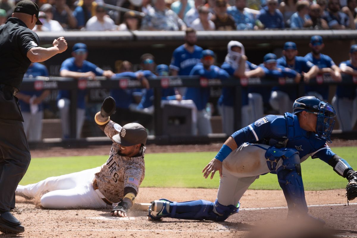 San Diego Padres infielder Luis Arraez (3) scores a run in the ninth inning during an MLB game against the Kansas City Royals on June 22, 2025 at Petco Park in San Diego, CA. San Diego Padres infielder Luis Arraez (3) scores a run in the ninth inning during an MLB game against the Kansas City Royals on June 22, 2025 at Petco Park in San Diego, CA.
